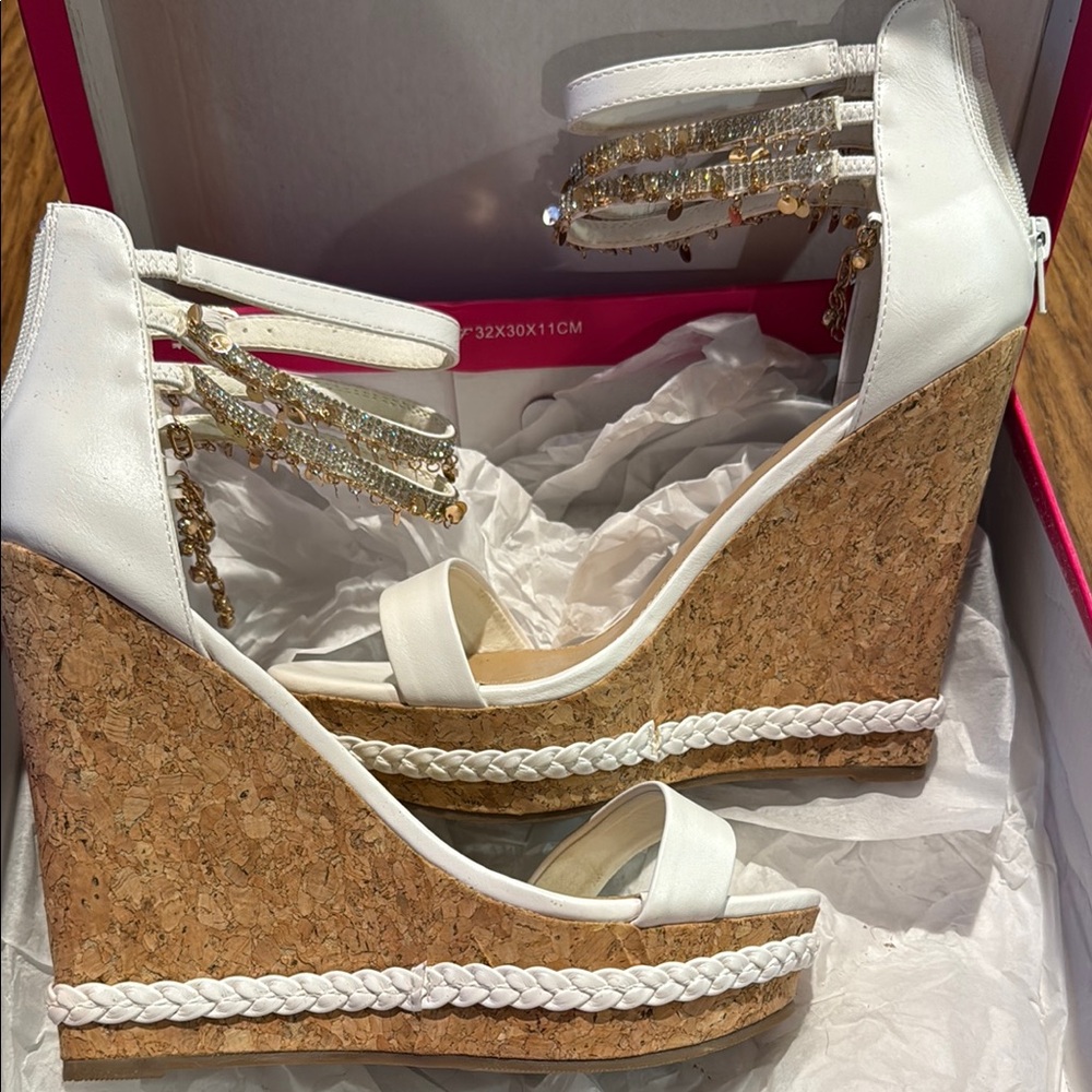 White Wedge Sandals with Gold Accents